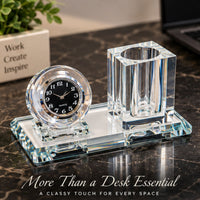 Anupam Luxury Crystal Desk Organizer with Clock & Pen Holder | Elegant Office Table Decor Gift Items - Pack of 1