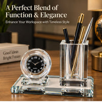 Anupam Luxury Crystal Desk Organizer with Clock & Pen Holder | Elegant Office Table Decor Gift Items - Pack of 1