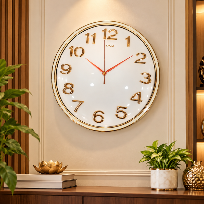 Anupam Premium Gold & White Round Wall Clock with Raised Number Dial for Living Room, Bedroom & Office Decor