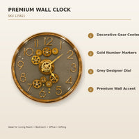 Anupam Premium Grey & Gold Decorative Gear Design Round Wall Clock for Living Room, Office & Luxury Home Decor - features