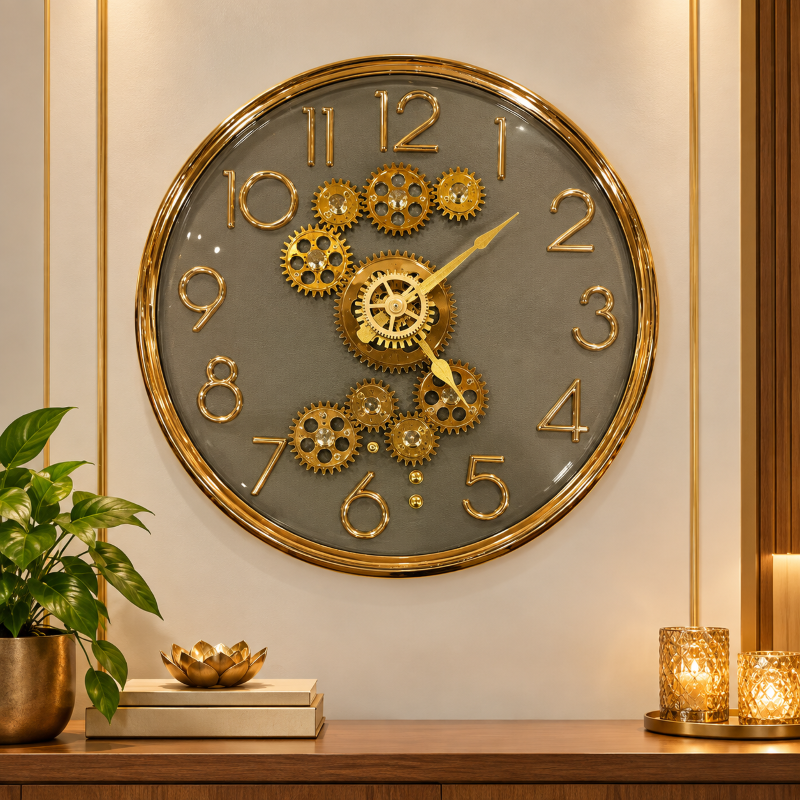 Anupam Premium Grey & Gold Decorative Gear Design Round Wall Clock for Living Room, Office & Luxury Home Decor