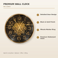 Anupam Luxury Black & Gold Gear Design Round Wall Clock with Bold Numbers for Living Room & Office Decor - features