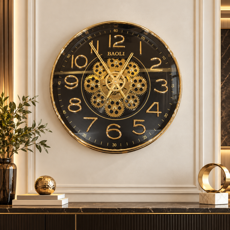 Anupam Luxury Black & Gold Gear Design Round Wall Clock with Bold Numbers for Living Room & Office Decor - main