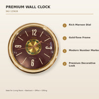 Anupam Premium Maroon & Gold Round Wall Clock with Modern Number Markers for Living Room, Bedroom & Office Decor - features