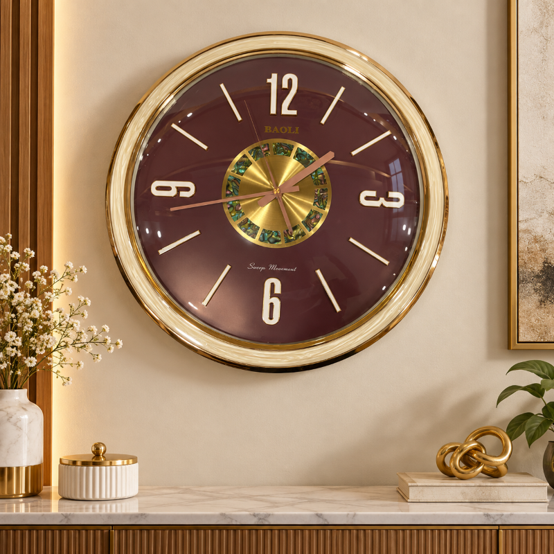 Anupam Premium Maroon & Gold Round Wall Clock with Modern Number Markers for Living Room, Bedroom & Office Decor