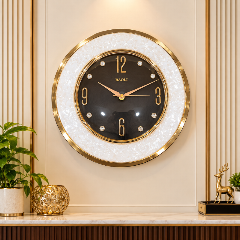 Anupam Luxury Black, White & Gold Crystal Accent Round Wall Clock for Living Room, Bedroom & Office Decor