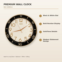 Anupam Premium Black & White Round Wall Clock with Gold Number Markers for Living Room, Bedroom & Office Decor - features