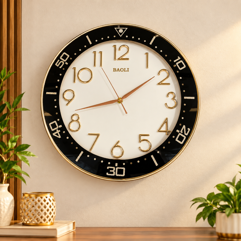 Anupam Premium Black & White Round Wall Clock with Gold Number Markers for Living Room, Bedroom & Office Decor