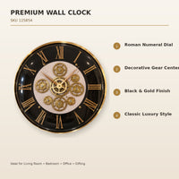 Anupam Premium Black & Gold Roman Numeral Gear Design Wall Clock for Living Room, Office & Luxury Home Decor - features