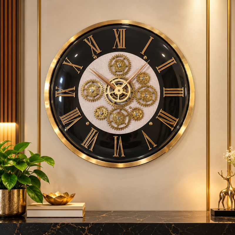 Anupam Premium Black & Gold Roman Numeral Gear Design Wall Clock for Living Room, Office & Luxury Home Decor