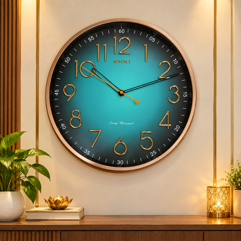 Anupam Premium Teal Blue & Gold Round Wall Clock with Modern Number Dial for Living Room, Bedroom & Office Decor