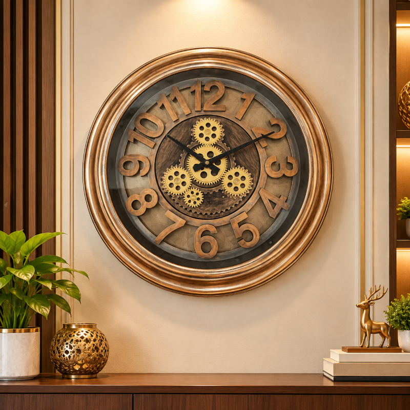Anupam Vintage Antique Bronze & Gold Gear Design Round Wall Clock with Raised Numbers for Living Room & Office Decor - main