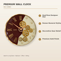 Anupam Luxury Maroon, Ivory & Gold Roman Numeral Gear Design Round Wall Clock for Living Room & Premium Home Decor - features