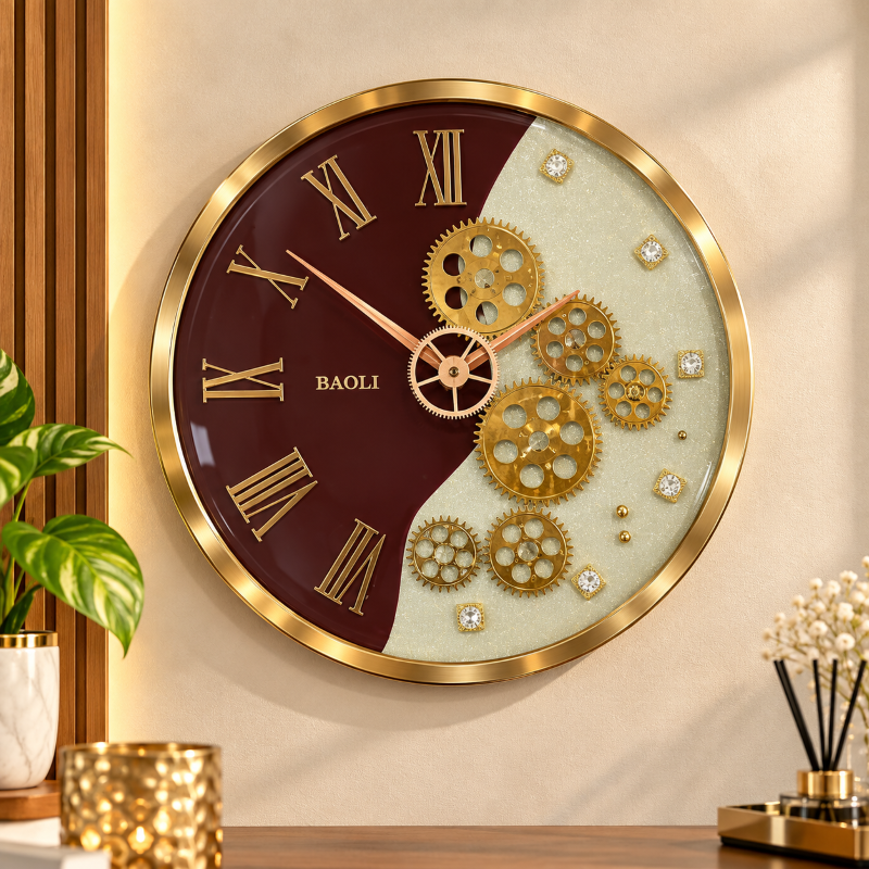 Anupam Luxury Maroon, Ivory & Gold Roman Numeral Gear Design Round Wall Clock for Living Room & Premium Home Decor