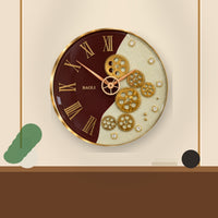 Anupam Luxury Maroon, Ivory & Gold Roman Numeral Gear Design Round Wall Clock for Living Room & Premium Home Decor - usage