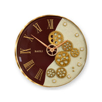 Anupam Luxury Maroon, Ivory & Gold Roman Numeral Gear Design Round Wall Clock for Living Room & Premium Home Decor - white background