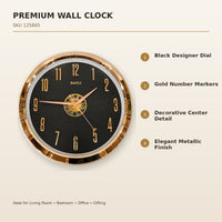 Anupam Premium Black & Gold Round Wall Clock with Decorative Center Dial for Living Room, Bedroom & Office Decor - features