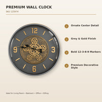 Anupam Premium Grey & Gold Decorative Gear Design Round Wall Clock with Bold Markers for Living Room & Office Decor - features