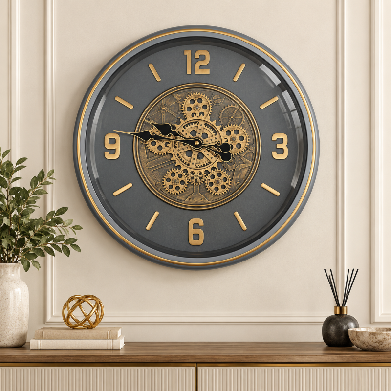 Anupam Premium Grey & Gold Decorative Gear Design Round Wall Clock with Bold Markers for Living Room & Office Decor