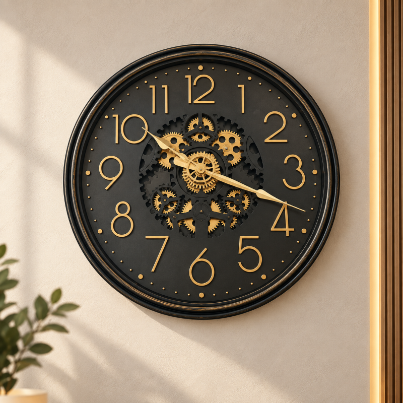 Anupam Premium Black and Gold Metal Round Gear Design Wall Clock with Decorative Openwork Centre and Arabic Numerals for Living Room & Office