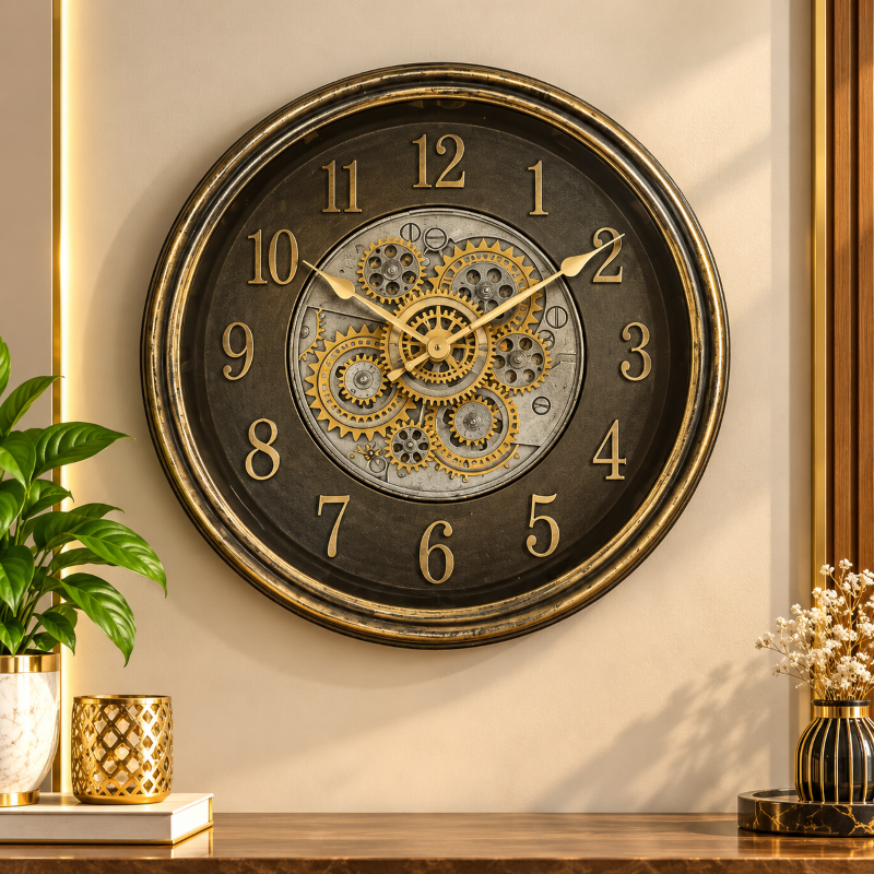Anupam Vintage Black, Bronze & Gold Gear Design Round Wall Clock with Raised Numbers for Living Room & Office Decor - main
