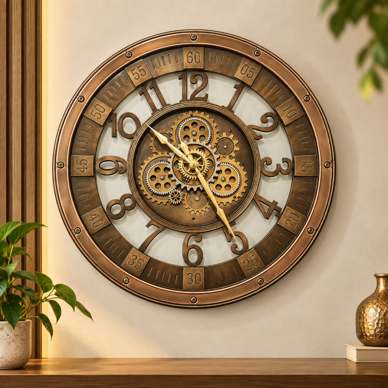 Anupam Luxury Antique Bronze Metal Industrial Gear Design Round Wall Clock with Openwork Dial and Raised Numerals for Living Room & Vintage Decor