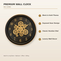 Anupam Luxury Black & Gold Exposed Gear Design Round Wall Clock with Large Numbers for Living Room & Office Decor - features