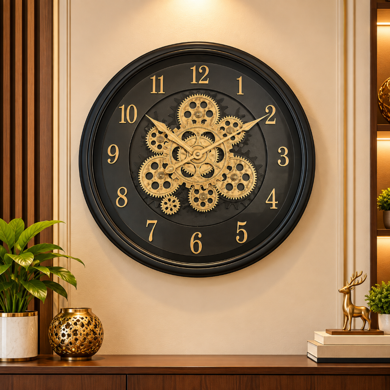 Anupam Luxury Black & Gold Exposed Gear Design Round Wall Clock with Large Numbers for Living Room & Office Decor - main