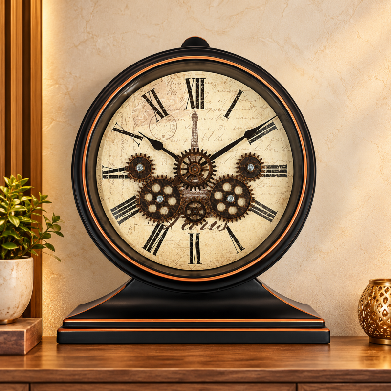 Anupam Vintage Black and Bronze Metal Table Clock with Roman Numeral Dial, Antique Gear Design and Decorative Pedestal Base for Desk & Mantel Decor