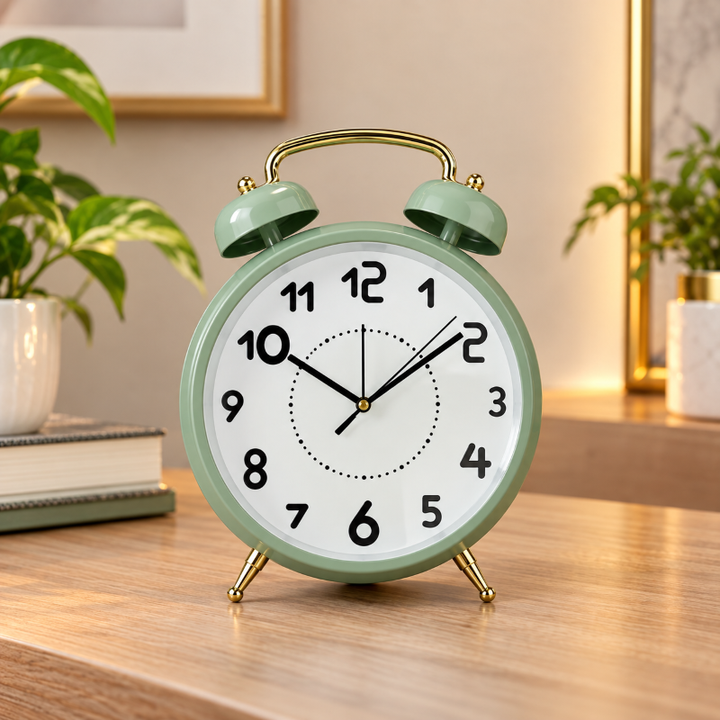 Anupam Pastel Mint Green Metal Twin Bell Alarm Clock with White Arabic Numeral Dial and Gold-Tone Legs for Bedroom, Bedside Table & Desk