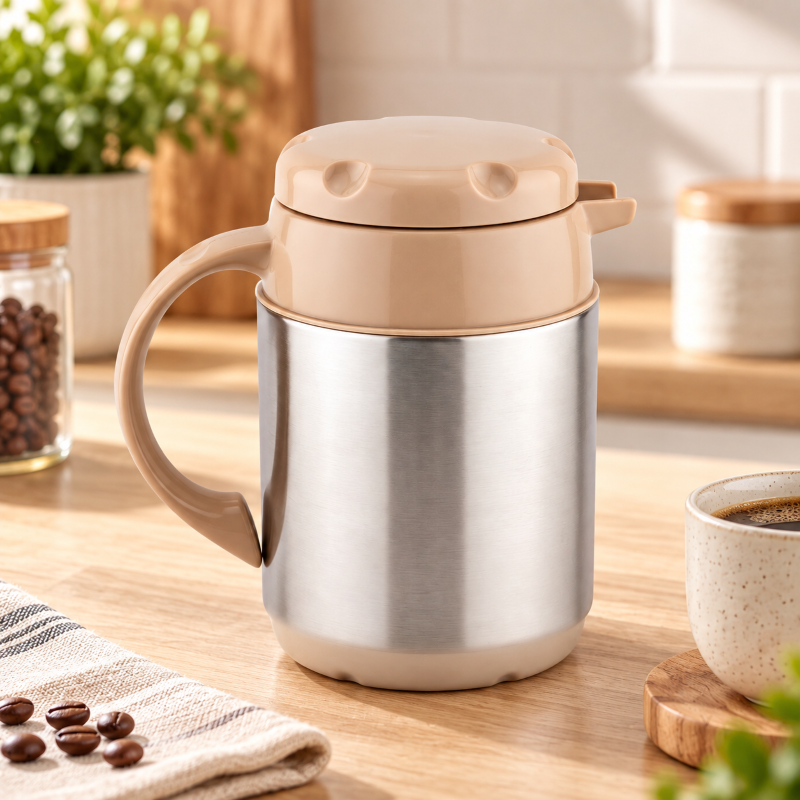 Anupam premium insulated stainless steel tea coffee mug beige silver lifestyle
