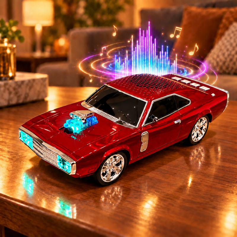 Red vintage muscle car 10W Bluetooth speaker with colorful illustrated music visualizer