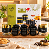 Anupam Premium Black & Golden Glass Jar with Coffee Mug Set of 8 | 2 Airtight Storage Jars & 6 Stylish Coffee Mugs | Luxury Tea, Coffee, Sugar, Dry Fruits & Kitchen Storage Set for Home, Office & Gifting