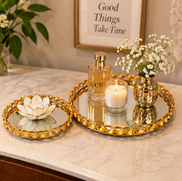 Anupam Luxury Golden Mirror Decorative Tray Set of 2 with Braided Border for Home Decor, Serving and Premium Gifting