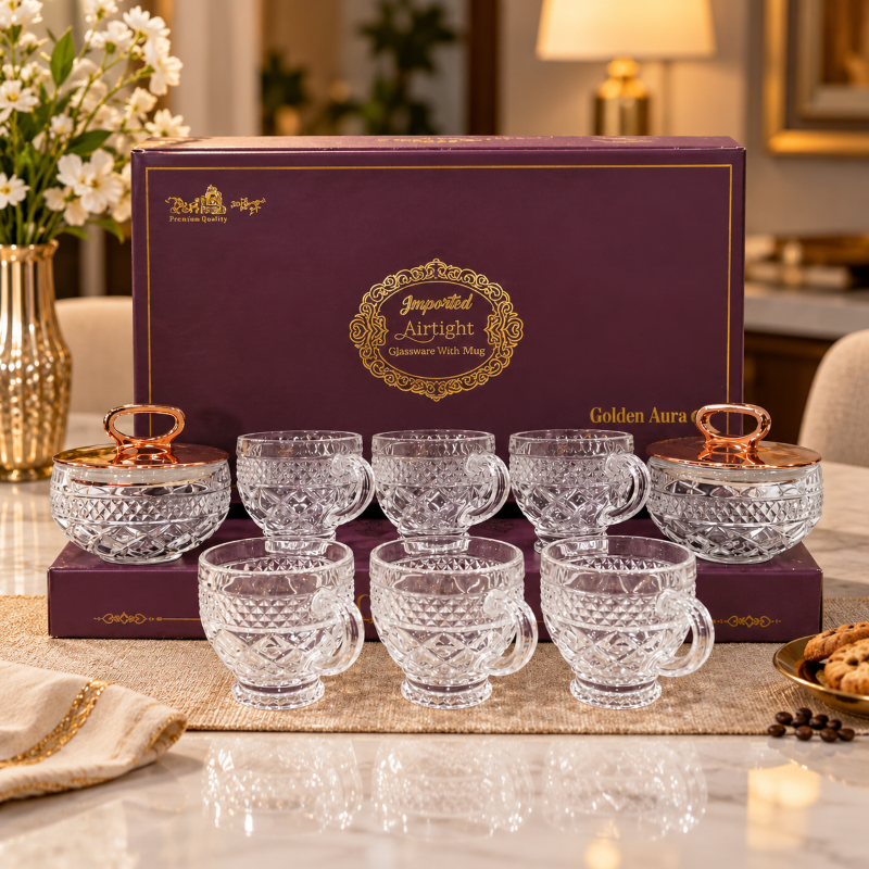 Anupam Premium Imported Crystal Glass Jar & Mug Set of 8 | 2 Golden Airtight Storage Jars with Lids & 6 Designer Glass Coffee Mugs | Luxury Transparent Glassware Set for Tea, Coffee, Sugar, Dry Fruits, Kitchen & Festive Gifting