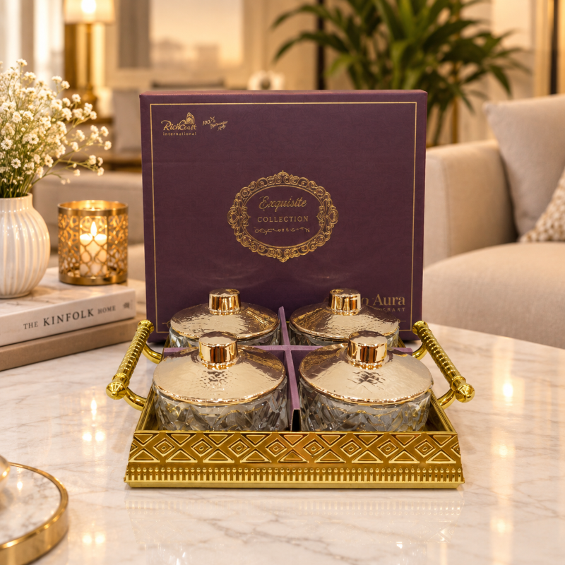 Anupam Premium Golden Glass Storage Jar Set with Decorative Tray | 4 Elegant Airtight Jars with Lids & 1 Luxury Serving Tray | Kitchen Storage Container Set for Tea, Coffee, Sugar, Dry Fruits & Gifting