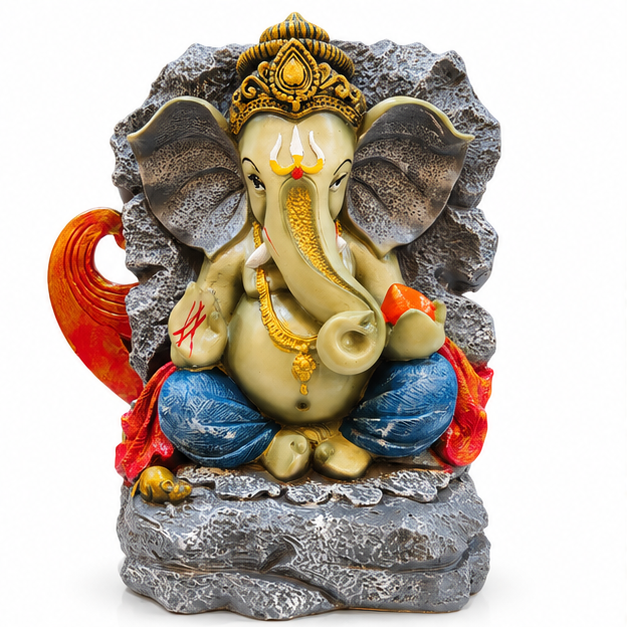 Anupam Premium Lord Ganesha Decorative Idol with Rock-Style Backdrop | Premium Polyresin Showpiece for Home & Office Decor