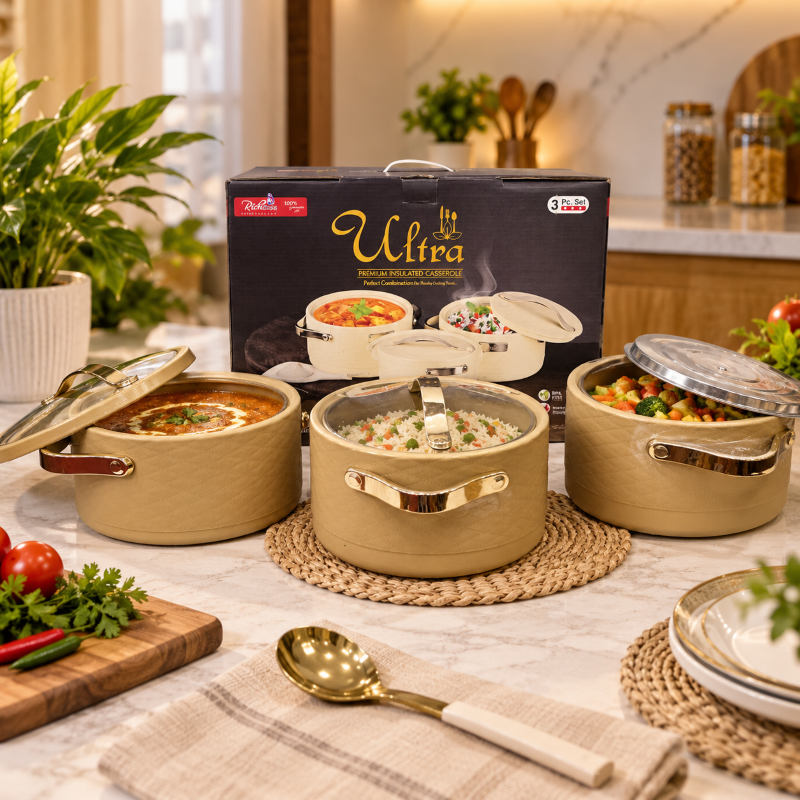 Anupam Ultra Premium Insulated Casserole Set of 3 | Luxury Golden Hot & Cold Food Serving Casserole with Stainless Steel Inner | Stylish Beige Thermal Hot Pot Set with Lids | Food Warmer for Kitchen, Dining, Parties & Festive Gifting