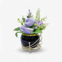Artificial Purple Rose Flower Pot in Black & Gold Ceramic Base, Multicolour Decorative Flower Plant for Home Décor, Table Décor & Gifting