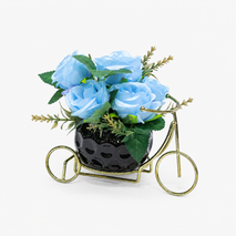 Artificial Blue Rose Flower Pot in Bicycle Stand, Multicolour Ceramic Decorative Flower Plant for Home Décor & Gifting