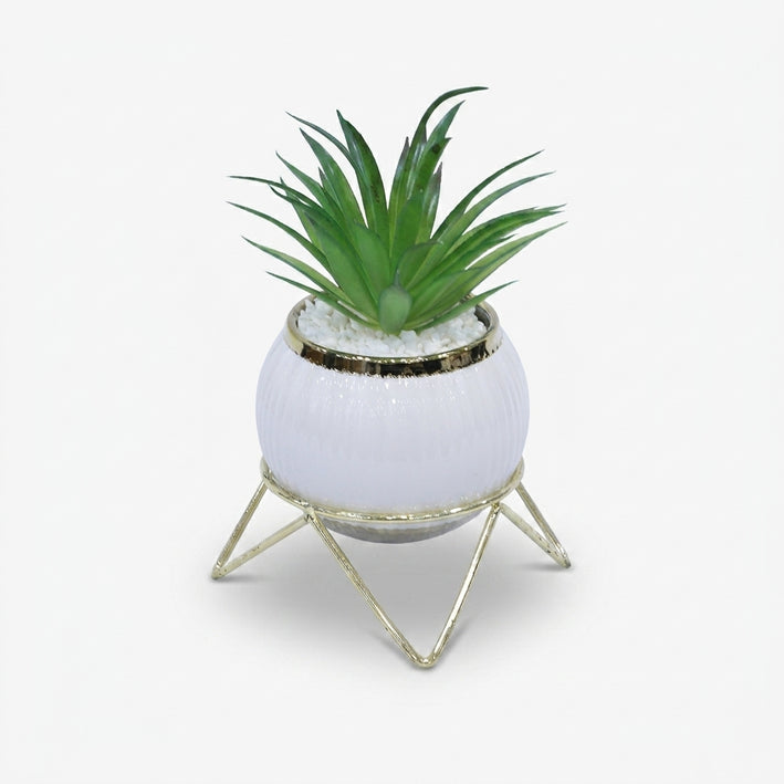 Artificial Green Succulent Plant in White Pot with Gold Stand / Decorative Table Planter / Home Decor Pot