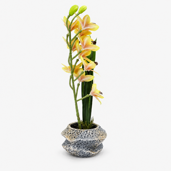 Artificial Orchid Flower Pot with Yellow Floral Arrangement, Multicolour Ceramic Decorative Plant for Home Décor, Table Décor & Gifting
