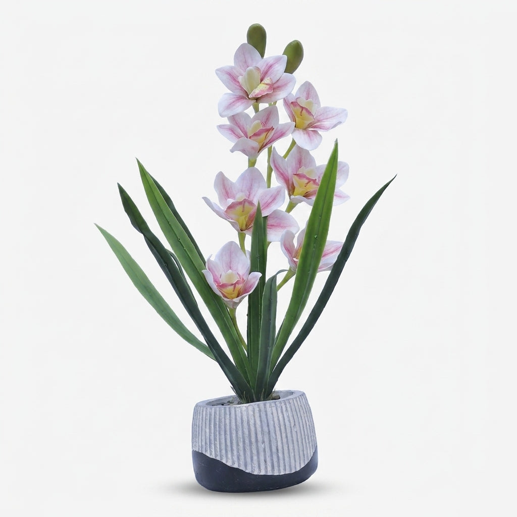 Artificial Orchid Flower Pot with Pink Floral Arrangement, Multicolour Ceramic Decorative Flower Plant for Home Décor & Table Décor