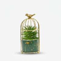 Artificial Succulent Plant in Bird Cage Design Pot, Multicolour Decorative Plant with Gold Metal Stand for Home Décor & Gifting