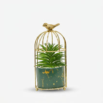 Artificial Succulent Plant in Bird Cage Design Pot, Multicolour Decorative Plant with Gold Metal Stand for Home Décor & Gifting