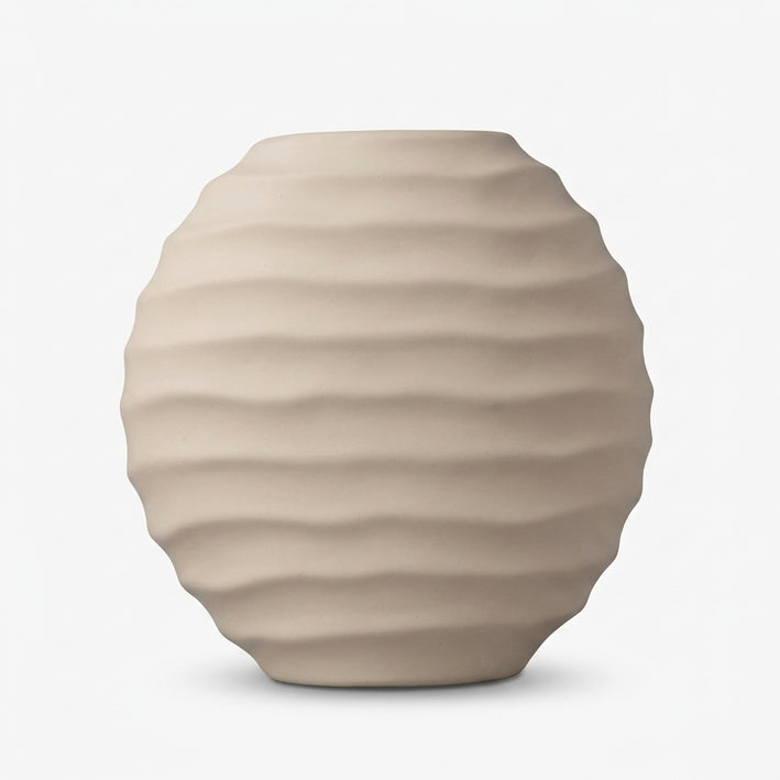 Premium Graceful Beige Ribbed Round Ceramic Vase for Modern Home Decoration