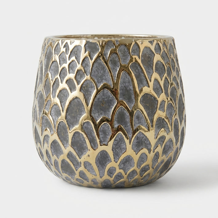 Premium Enchanting Gold & Grey Mosaic Pattern Round Ceramic Vase for Home Decor