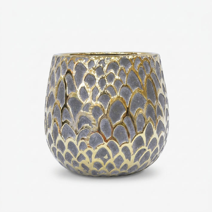 Premium Elegant Gold & Grey Scallop Pattern Decorative Ceramic Vase for Home Decor