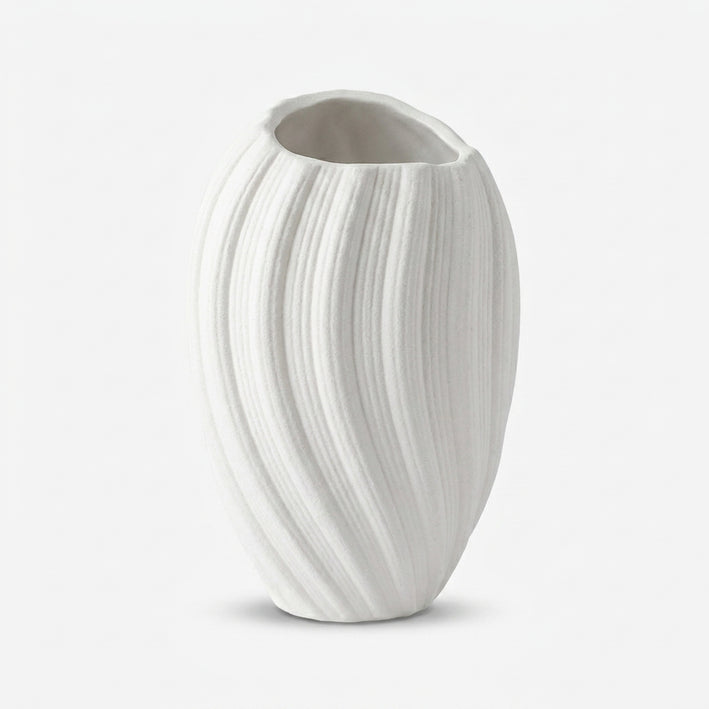 Premium Gorgeous White Ribbed Oval Ceramic Vase for Modern Home Decoration