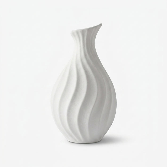 Premium Graceful Elegant White Ribbed Wave Ceramic Vase